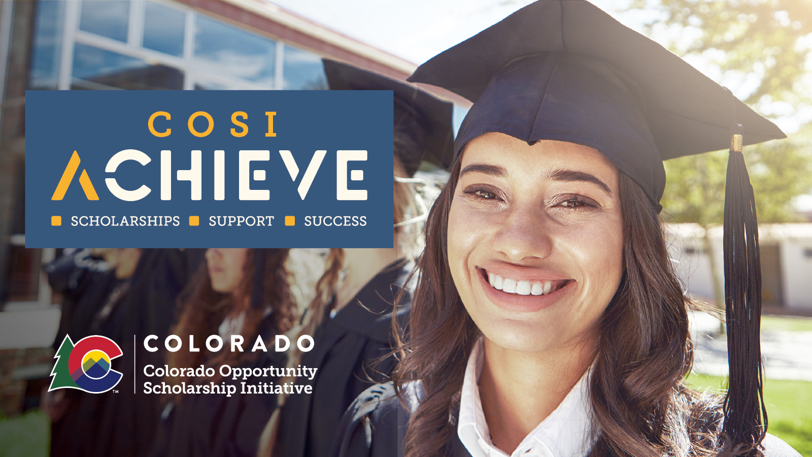 College woman smiling in cap and gown next to the COSI Achieve logo