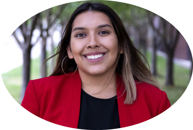 Headshot of Latinx, young woman, in a red blazer.