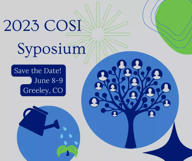 Image says "2023 COSI Symposium Save the Date June 8 and 9" includes images of a watering can and tree with silhouette of people on the branches like leaves